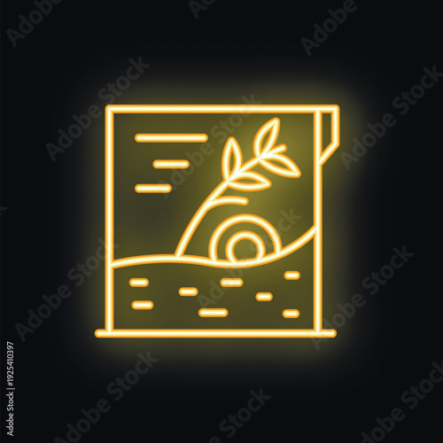 Neon yellow glowing seeds packet growing from the ground icon on black background
