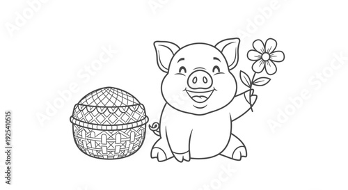 Cute Piglet with Flower and Basket