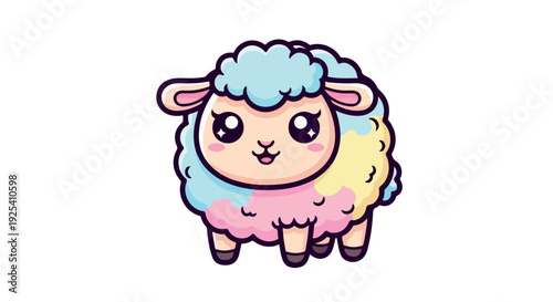 Colorful cartoon sheep with blue, pink, and yellow wool standing against a white background in a cute illustration.