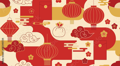 Festive Chinese New Year Lanterns and Clouds Pattern for Celebrations and Decorations