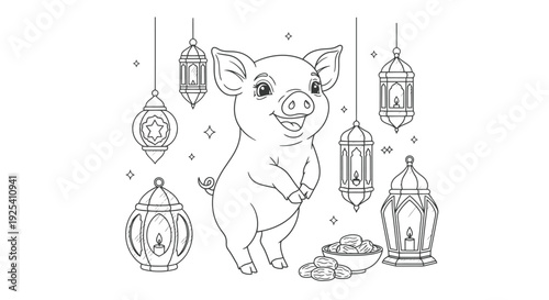 Cute piglet with festive lanterns and coins for Eid or celebration
