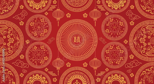 Traditional Chinese New Year Decorations with Floral and Lantern Motifs on a Red and Gold Background