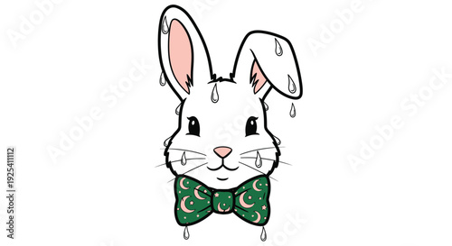 White rabbit with green bow tie decorated with moons and stars