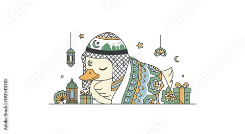 Ducky in Traditional Middle Eastern Attire Resting with Lanterns Gifts and Moon
