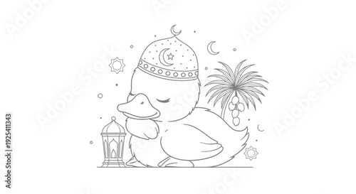 Sleeping duck with fez hat beside lantern and palm tree in festive scene