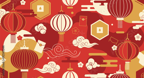 Vibrant seamless pattern celebrating Lunar New Year, featuring traditional red lanterns, auspicious clouds, and cultural good fortune symbols on a festive background