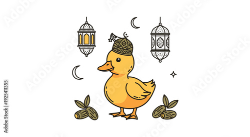 Duckling wearing fez among hanging lanterns and seeds at night