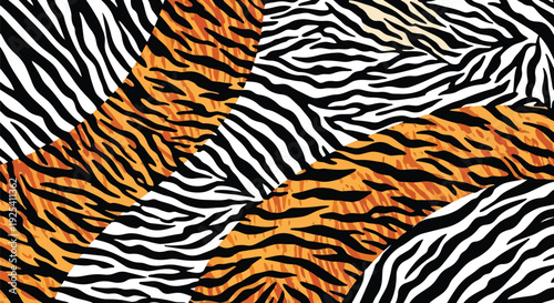 Striking geometric fusion of wild zebra and bold tiger patterns for a vibrant textile design