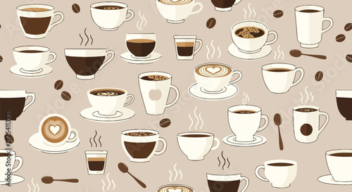 A delightful array of steaming coffee cups and fresh roasted beans forming a charming, hand-drawn seamless pattern, perfect for cafes and morning