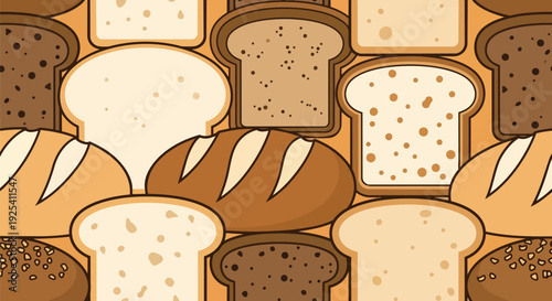 A delightful cartoon pattern displaying an assortment of freshly baked bread slices and rustic loaves in warm earthy tones
