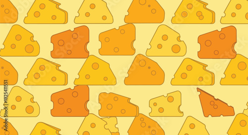 A vibrant seamless pattern of stylized cheese wedges in golden and orange tones for culinary design. This cheerful background is perfect for