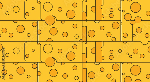 Vibrant yellow cheese block pattern with characteristic circular holes forming a delectable food background