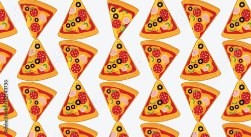A delightful and appetizing array of pepperoni and olive pizza slices seamlessly arranged in a vibrant repeating culinary pattern perfect for food