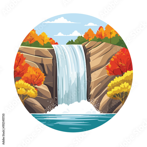 Cartoon waterfall landscape with autumnal foliage