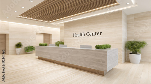 Reception desk in a premium fitness gym with elegant sign displaying text Health Center, modern luxury interior, professional service, health and wellness lifestyle, upscale club concept