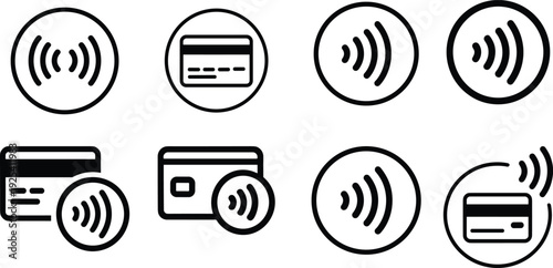 Contactless payment icons showing credit card tap to pay wireless transactions for cashless mobile payment