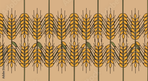 A seamless graphic pattern of golden wheat ears on slender green stalks against a warm, earthy backdrop. This design symbolizes agriculture, a
