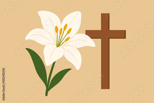 Flat vector illustration of a single lily flower beside a small wooden cross