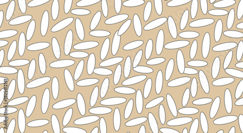 Seamless pattern of elongated white grains resembling uncooked rice scattered randomly across a light beige background creating an organic texture
