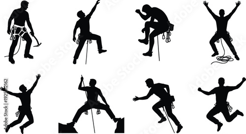 Collection of rock climber silhouettes in dynamic action poses isolated on white background, showcasing mountaineering, adventure sport, strength, agility and outdoor achievement