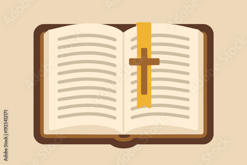 Flat vector illustration of a Bible opened to a page with a cross bookmark