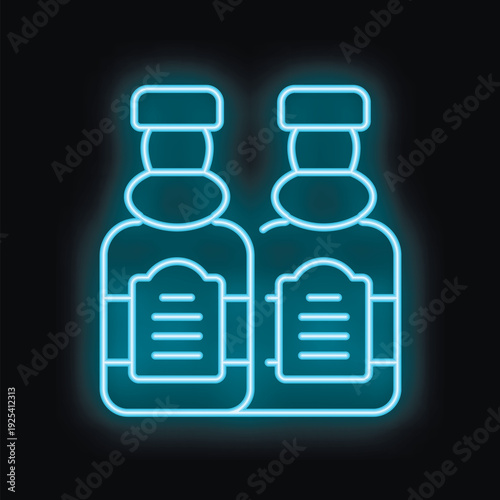 Blue neon sign illuminating two bottles with blank labels, perfect for advertising a variety of products