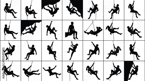 Collection of rope access workers and climbers silhouettes performing rappelling and industrial climbing techniques isolated on white background, showcasing safety, adventure and professional skills