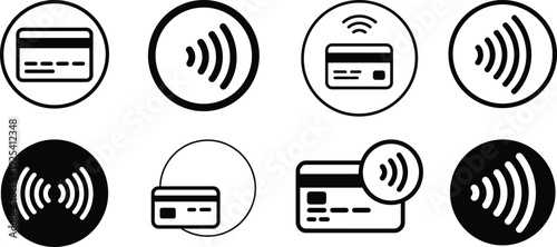 Credit card contactless payment symbols set with NFC technology for wireless tap to pay cashless transactions