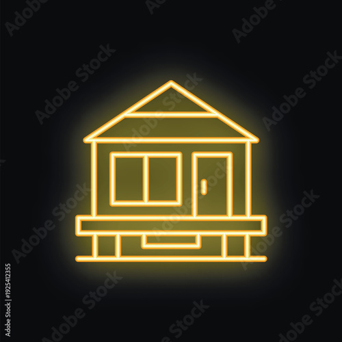 Bright neon icon of a tiny house is shining on a dark background, representing minimalist living and alternative housing solutions