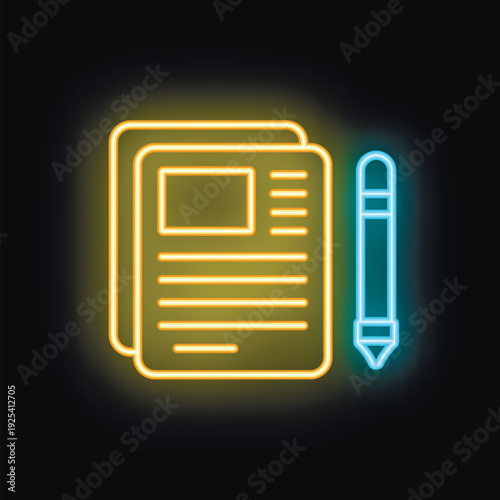 Glowing neon icon of documents and a pen representing copywriting, content creation, and the power of the written word