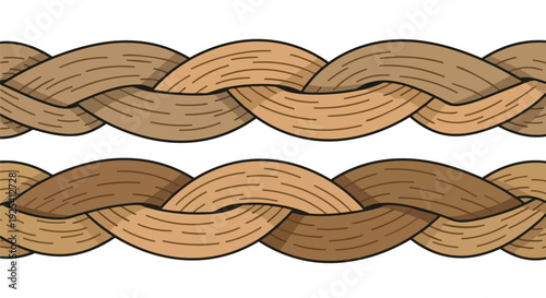 Horizontal illustration featuring two distinct natural fiber braid patterns in various earth tones on a plain white background, creating a seamless