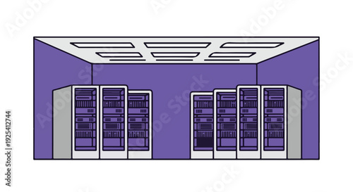 Modern data center illustration with multiple server racks in a purple room, representing cloud computing, network infrastructure, and digital technology.