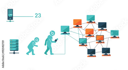 Evolution of Digital Technology: From Servers to Decentralized Networks and Mobile Connectivity. Illustrating Modern IT Infrastructure and Human Interaction.