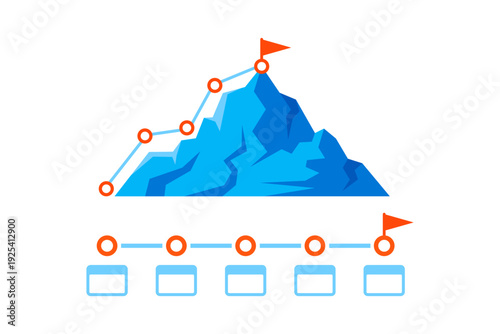 Blue mountain timeline infographic with milestone checkpoints