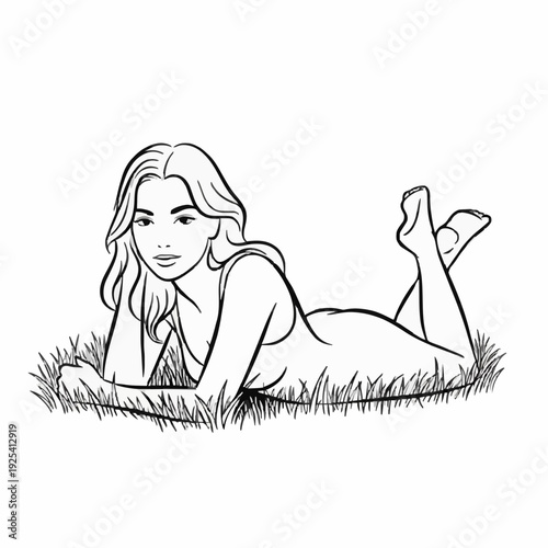 a girl is resting on the grass