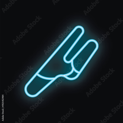 Blue neon sign of a clothes peg glowing on a black background