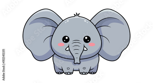 Cute cartoon elephant with big ears and rosy cheeks sitting on a white background in a playful and adorable mood.