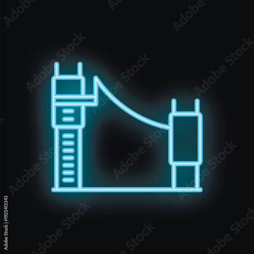 Neon blue icon of a zip line with a starting platform and arrival platform, evoking adventure and outdoor activities