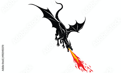 A black dragon flying with fire coming out of its mouth isolated on white background