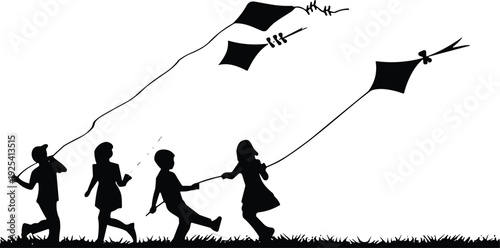 Children flying kites silhouette vector, happy kids playing outdoors on grass field isolated on white background for childhood freedom concept