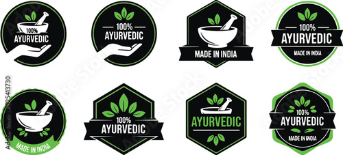 Ayurvedic organic product labels set, 100 percent natural herbal badges with mortar and leaves for packaging design branding