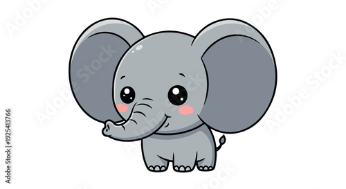 A cute cartoon elephant with large ears and a smiling face on a plain white background, depicted in a charming flat illustration style with a soft gray and pink color palette.