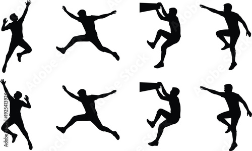 Set of male silhouettes jumping, cheering with megaphone and performing energetic action poses isolated on white background, representing celebration, motivation, movement and sport activity