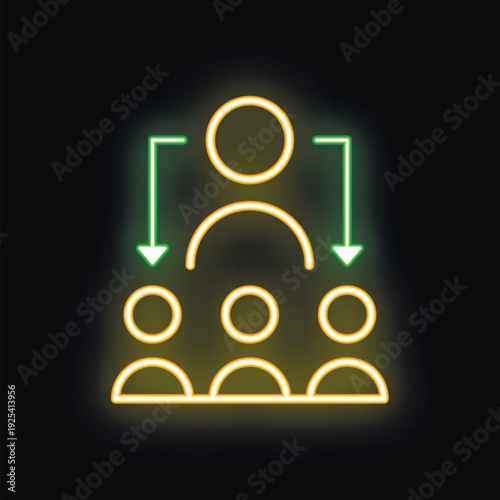 Neon glowing icon of a manager delegating tasks to three employees, symbolizing efficient workflow and teamwork