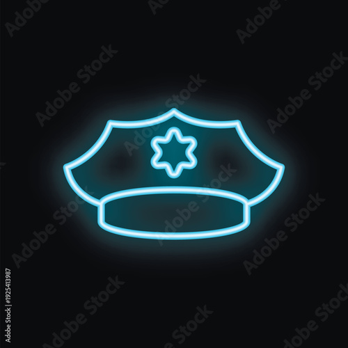 Neon police hat glowing on a dark background, representing law enforcement, security, and authority