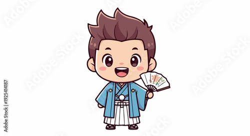 Cartoon illustration of a cheerful young boy wearing traditional clothing and holding a fan against a clean white background.
