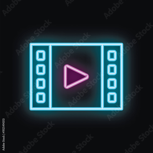 Neon video player icon is glowing on a dark background