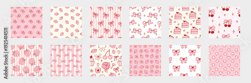 Sweet cherry and heart seamless background set with delicate ribbons. Adorable coquette pattern ideal for girly textiles, vintage Valentine prints, or romantic cottage decor. Vector illustration