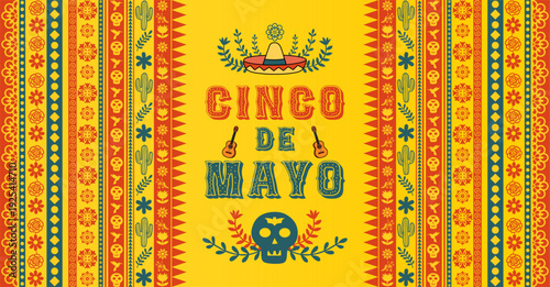 Festive Cinco de Mayo 2026 vector illustration banner with Mexican folk art elements and decorations. Festive Mexican pattern background. Great for cards, posters, banners and social media.