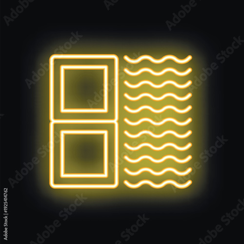 Yellow glowing neon icon of an opened window with curtains blowing in the wind, isolated on a black background